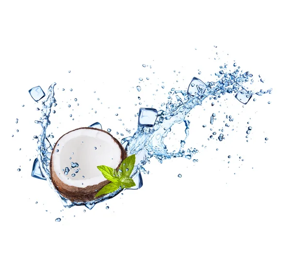 Coconut with water splashes on white — Stockfoto