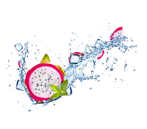 Dragon fruit with water splashes on white — Zdjęcie stockowe