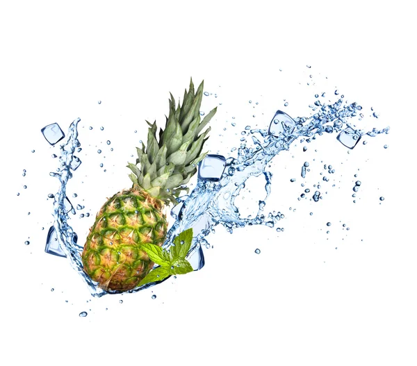 Pine-apple in water splashes on white — Stockfoto