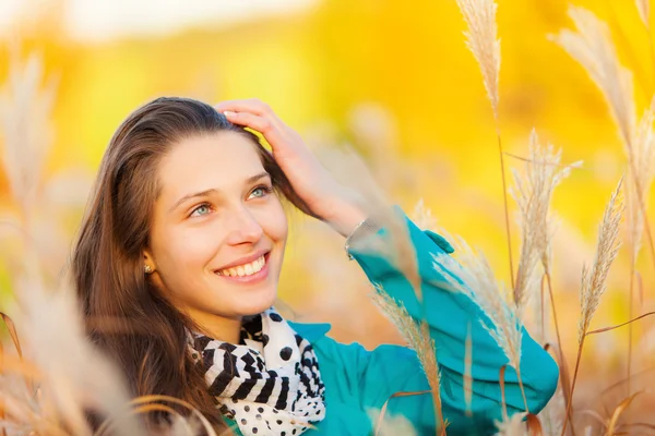 Beautiful girl portrait in autumn grass — Stock Photo, Image