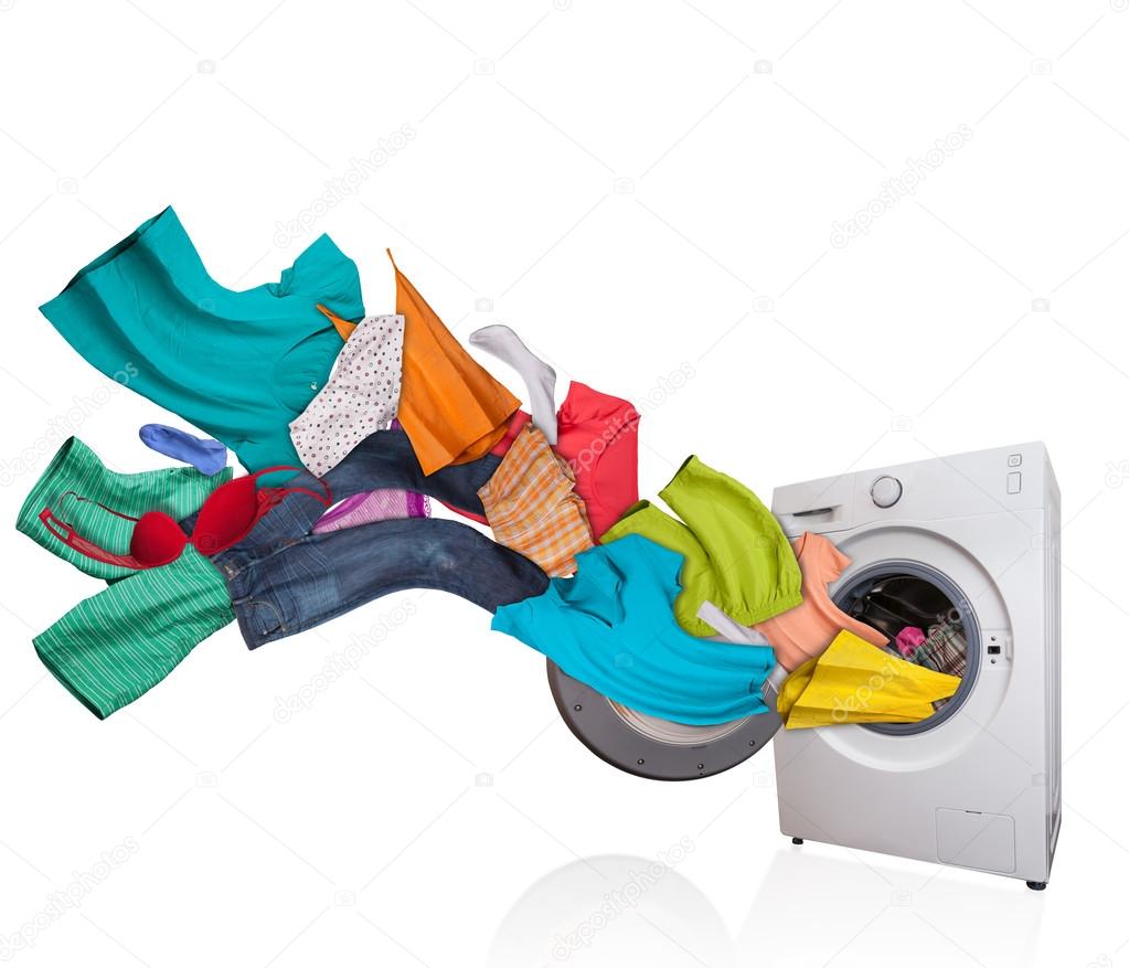 Washing machine with laundry on white background