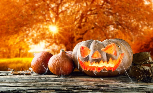 Abóbora de Halloween em pranchas de madeira — Fotografia de Stock