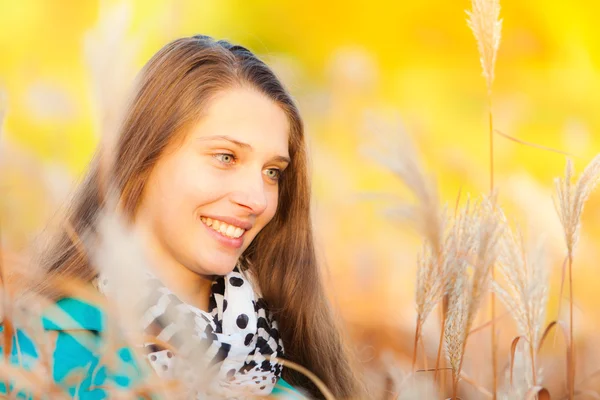 Schönes Mädchen im trockenen Gras liegend — Stockfoto