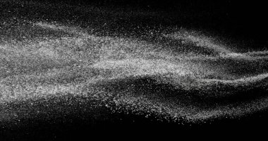 Black and white dust stream in the air. Fine particles suspended in motion on black background. Abstract slow motion texture for concepts of air, dust, purity, or science visuals.