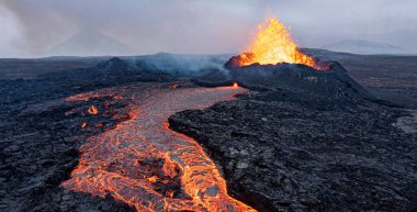 Aerial Panoramic view of Volcano Eruption, Litli-Hr?tur Hill, Fagradalsfjall Volcano System in Iceland. Reykjanes Peninsula.