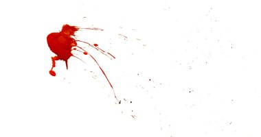 Photograph capturing a dramatic blood splash on a clean white background. The red liquid forms organic droplets and abstract shapes. Adeal for horror, medical, or artistic use.