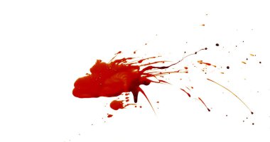 Photograph capturing a dramatic blood splash on a clean white background. The red liquid forms organic droplets and abstract shapes. Adeal for horror, medical, or artistic use.
