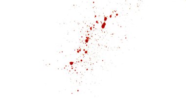 Photograph capturing a dramatic blood splash on a clean white background. The red liquid forms organic droplets and abstract shapes. Adeal for horror, medical, or artistic use.