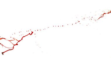 Süper Yavaş Çekimde Kan Sıçrıyor. Beyaz Arka plan 'da izole edilmiş. Havaya sıçrayan Kan Damlacıklarının Yüksek Hızda Sinema Çekimi. 
