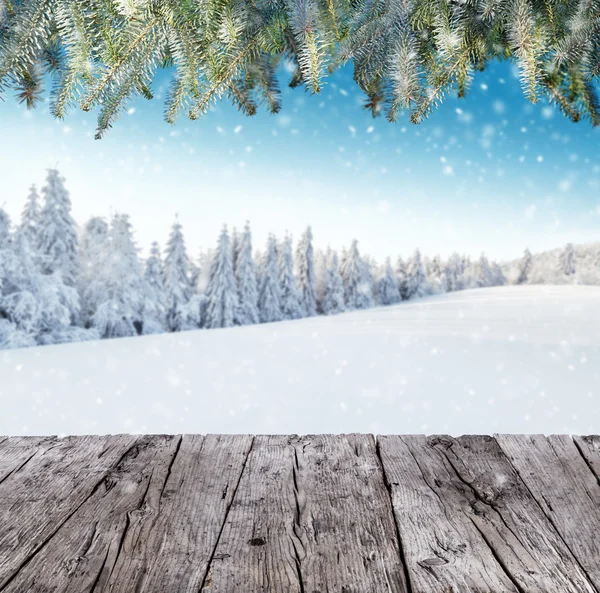 Paisaje de invierno con tablones de madera — Foto de Stock