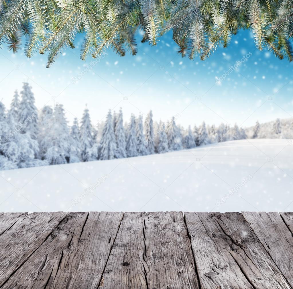 Winter landscape with wooden planks