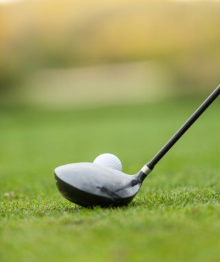 Golf sopası ve top çimenlerde.