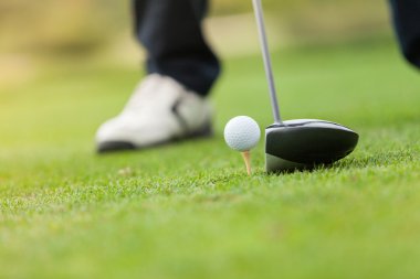 Golf sopası ve top çimenlerde.