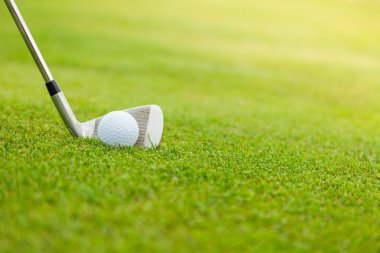 Golf sopası ve top çimenlerde.