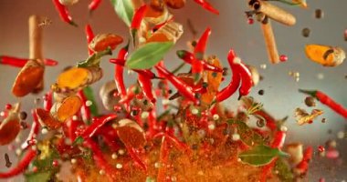 Uçan baharatların süper yavaş çekimi. Yüksek hızlı sinema kamerası, 1000 fps..