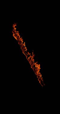 Siyah arka planda izole edilmiş yanan bir ahşap kirişin gerçekçi görüntüsü. Ayrıntılı ateş dokusu VFX için idealdir, bileşim, örtüşmeler, grafikler ve sinematik efektler