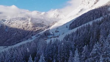 Avusturya 'daki karlı dağların sabah sisinin içinden yükselen bir buzulla görüntüsü. Mavi gökyüzü, güneş ışığı ve ön plandaki kozalaklı ormanlar huzurlu bir kış ortamı yaratır. Kar yağışıweather condition.