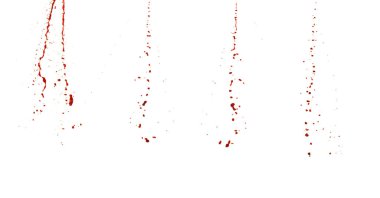 Temiz beyaz bir arkaplanda çarpıcı bir kan lekesi yakalama fotoğrafı. Kırmızı sıvı organik damlacıklar ve soyut şekiller oluşturur. Korku, tıbbi veya sanatsal kullanım için ideal.