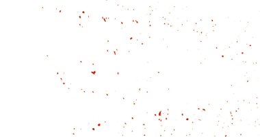 Temiz beyaz bir zemine sıçramış dramatik bir kan damlası görüntüsü. Kırmızı sıvı organik damlacıklar ve soyut şekiller oluşturur. Korku, tıbbi veya sanatsal kullanım için ideal.