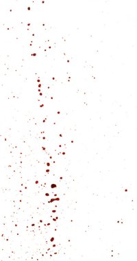 Temiz beyaz bir zemine sıçramış dramatik bir kan damlası görüntüsü. Kırmızı sıvı organik damlacıklar ve soyut şekiller oluşturur. Korku, tıbbi veya sanatsal kullanım için ideal.