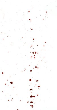 Temiz beyaz bir zemine sıçramış dramatik bir kan damlası görüntüsü. Kırmızı sıvı organik damlacıklar ve soyut şekiller oluşturur. Korku, tıbbi veya sanatsal kullanım için ideal.