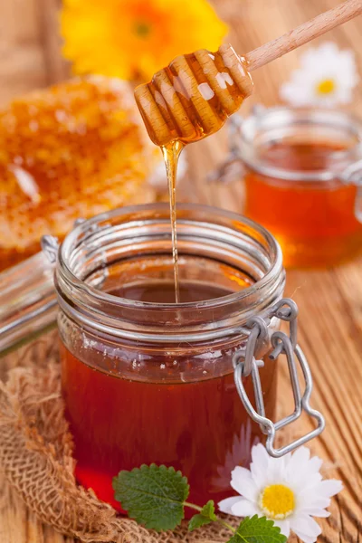 Fresh honey with dipper — Stock Photo, Image