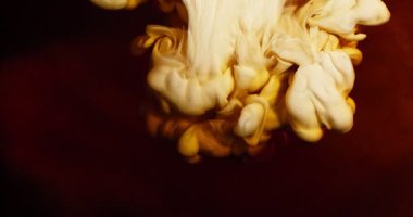 Aşırı yavaş hareket eden süt, kahvenin içine karışıyor, pürüzsüz kremalı bulutlar ve koyu sıvı arka planda akışkan şekiller yaratıyor..