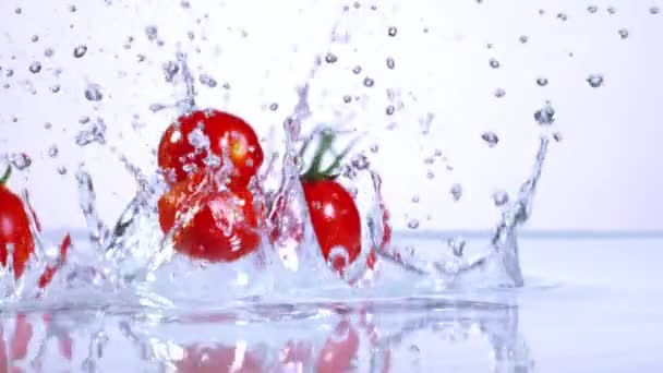 Wasserspritzer auf Tomaten schießen in Zeitlupe — Stockvideo