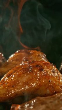 Izgara et ve sebze karışımı ızgara ızgara ızgara ve ateş. Barbekü ve Lezzetli Taze Yemek. Slow Motion, High Speed Cinema Camera 'da çekildi. Dikey Görünüm Oranı.