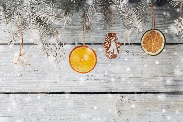 Christmas decoration over wooden background — Stock Photo, Image