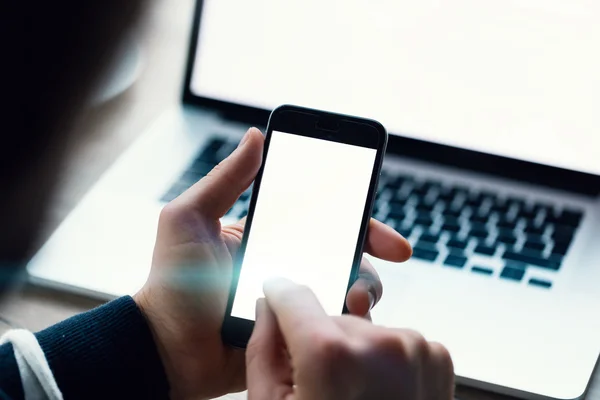 Close up of man hands with cellphone — Stock Photo, Image