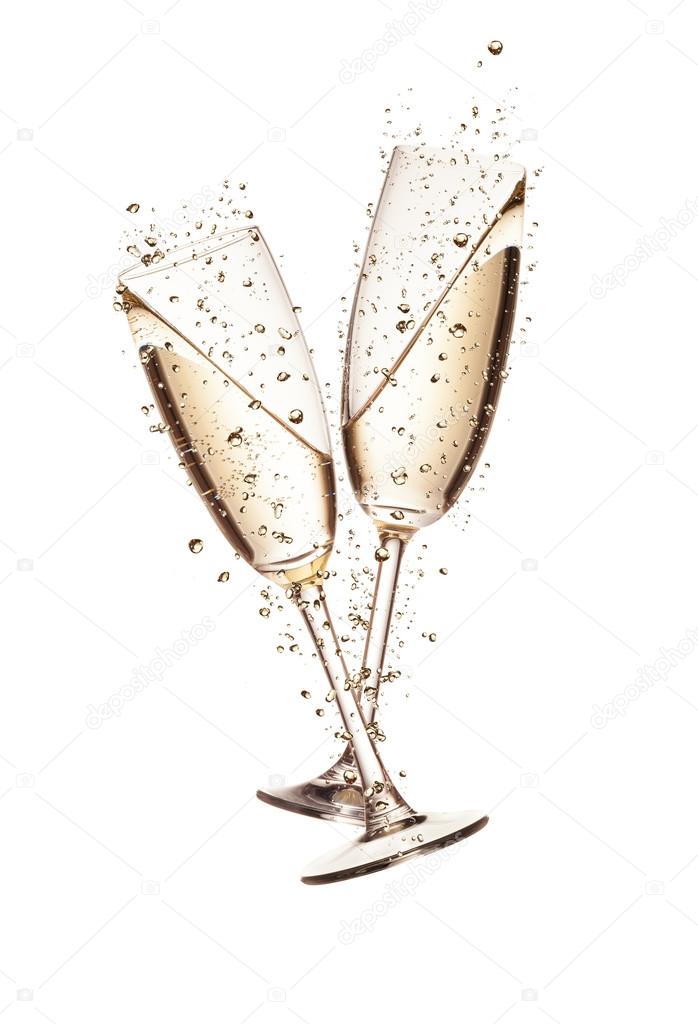 Two glasses of champagne with bubbles, isolated on white