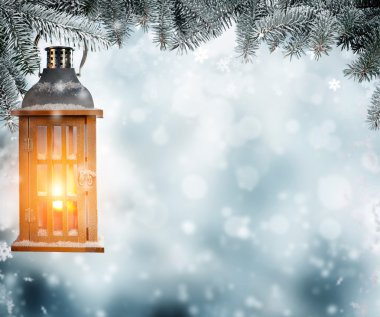 Köknar dallarında asılı Noel fener