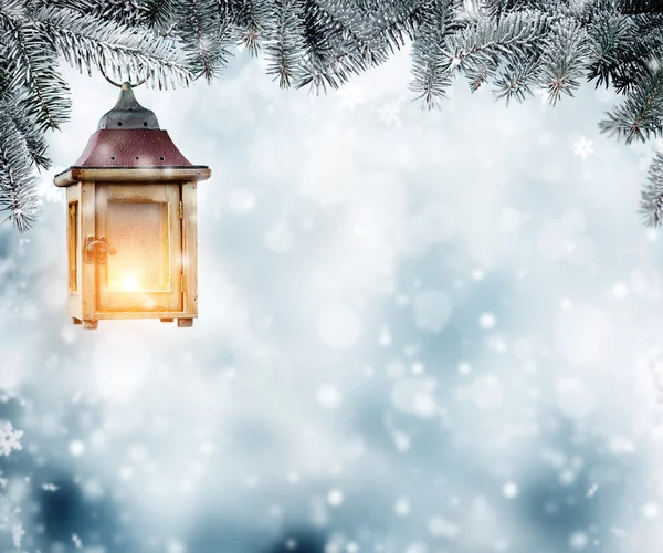 Kerst lantaarn opknoping op fir takken — Stockfoto