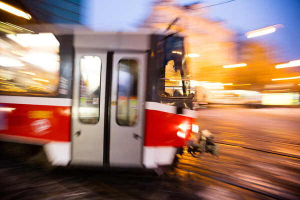 Modern tram in motion blur, Prague city, Europe