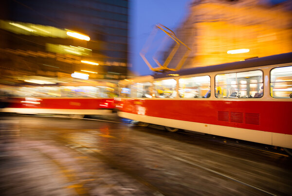 Old tram in motion blur, Prague city, Europe