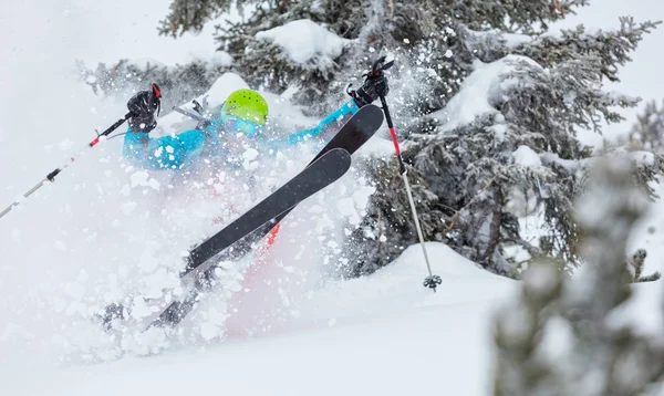 Man freerideer met bergafwaarts in forest — Stockfoto