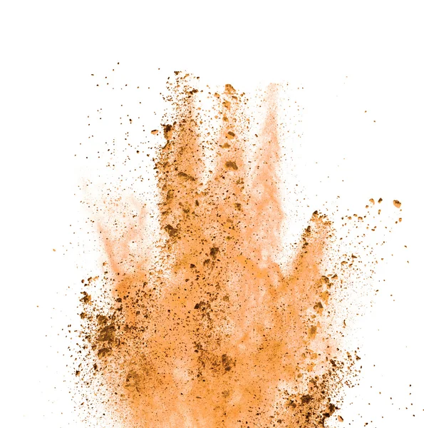 Explosion von orangefarbenem Pulver auf weißem Hintergrund — Stockfoto