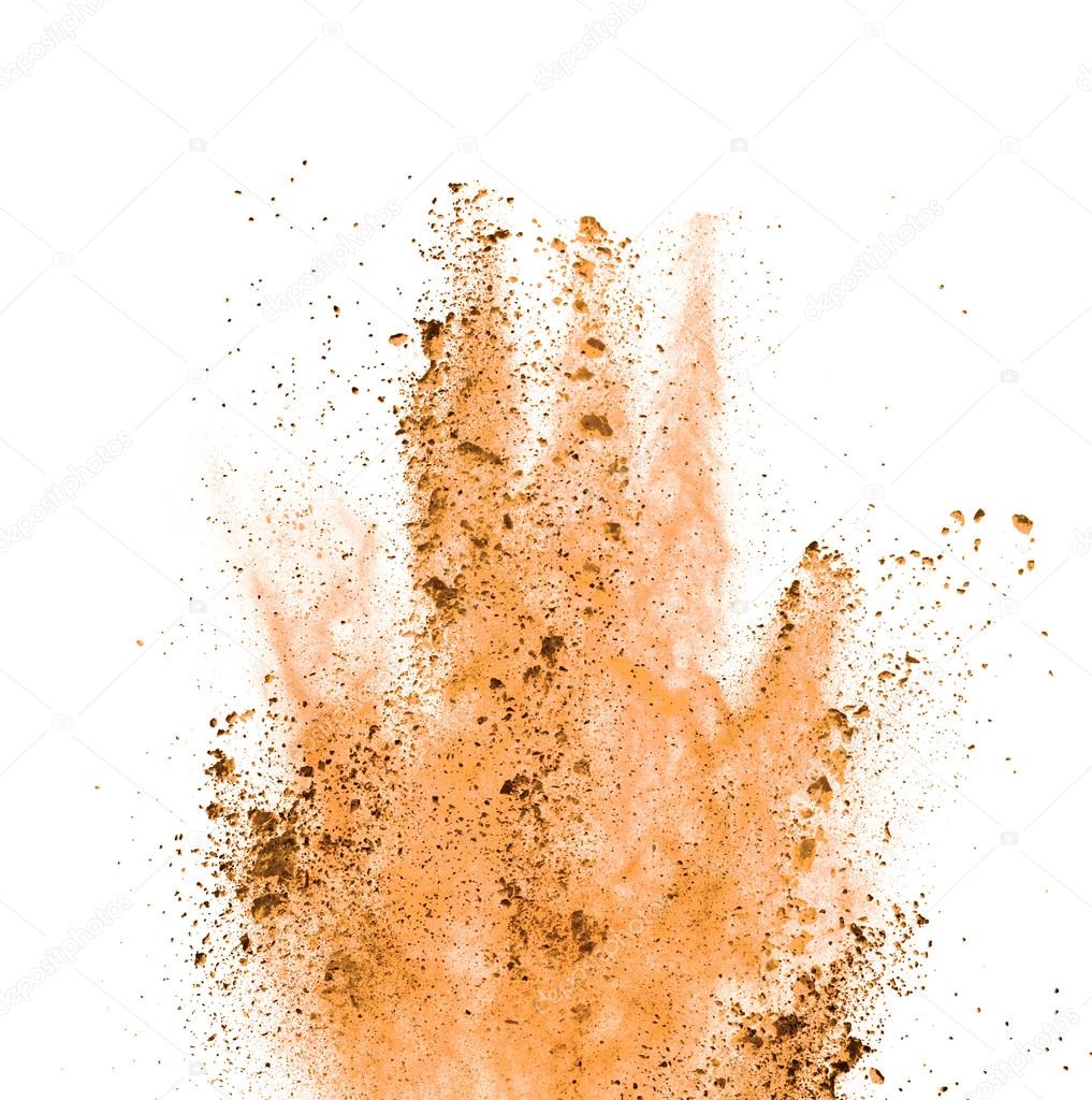 Explosion of orange powder on white background