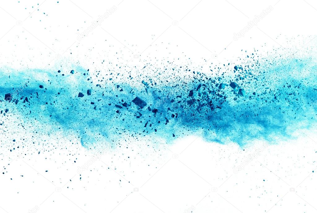 Explosion of blue powder on white background