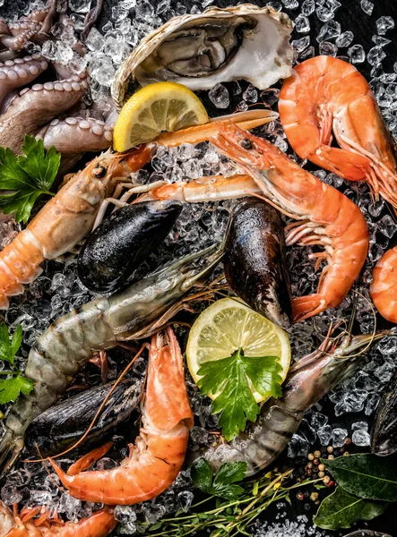 Fisk-och skaldjursrätter serveras på svart sten — Stockfoto