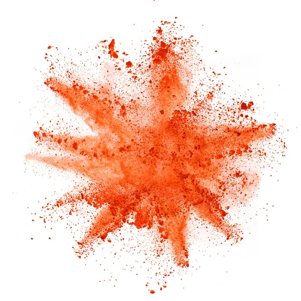 Explosie van Oranje poeder op witte achtergrond — Stockfoto