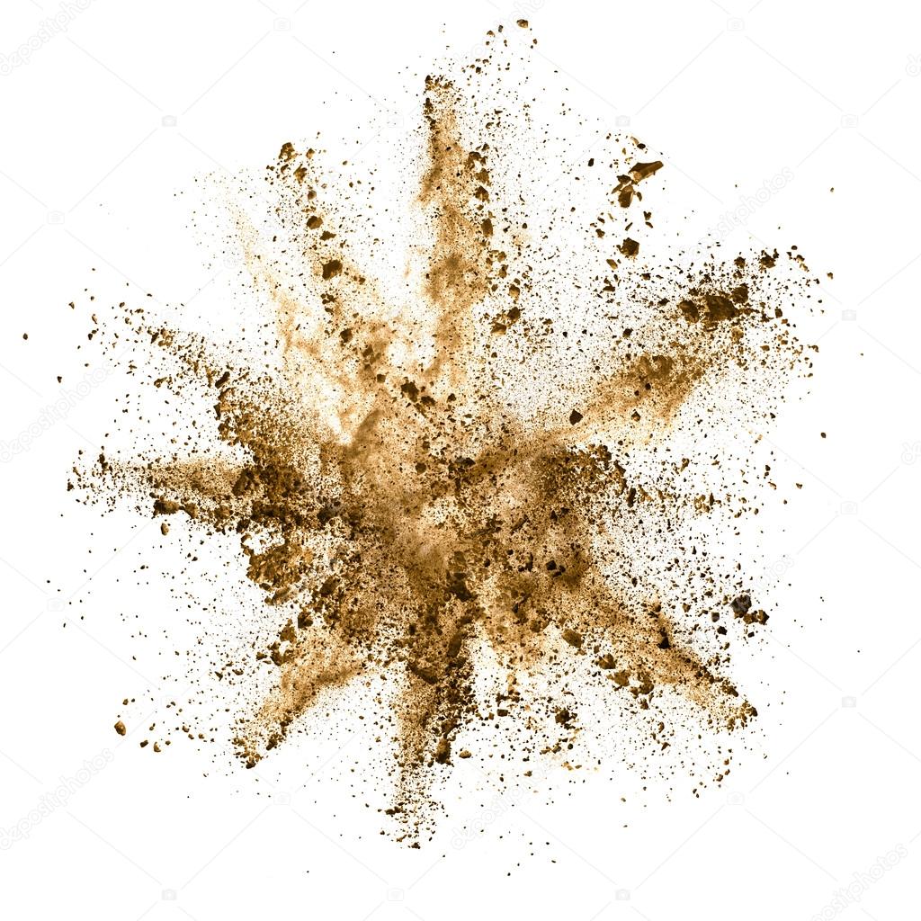 Explosion of brown powder on white background