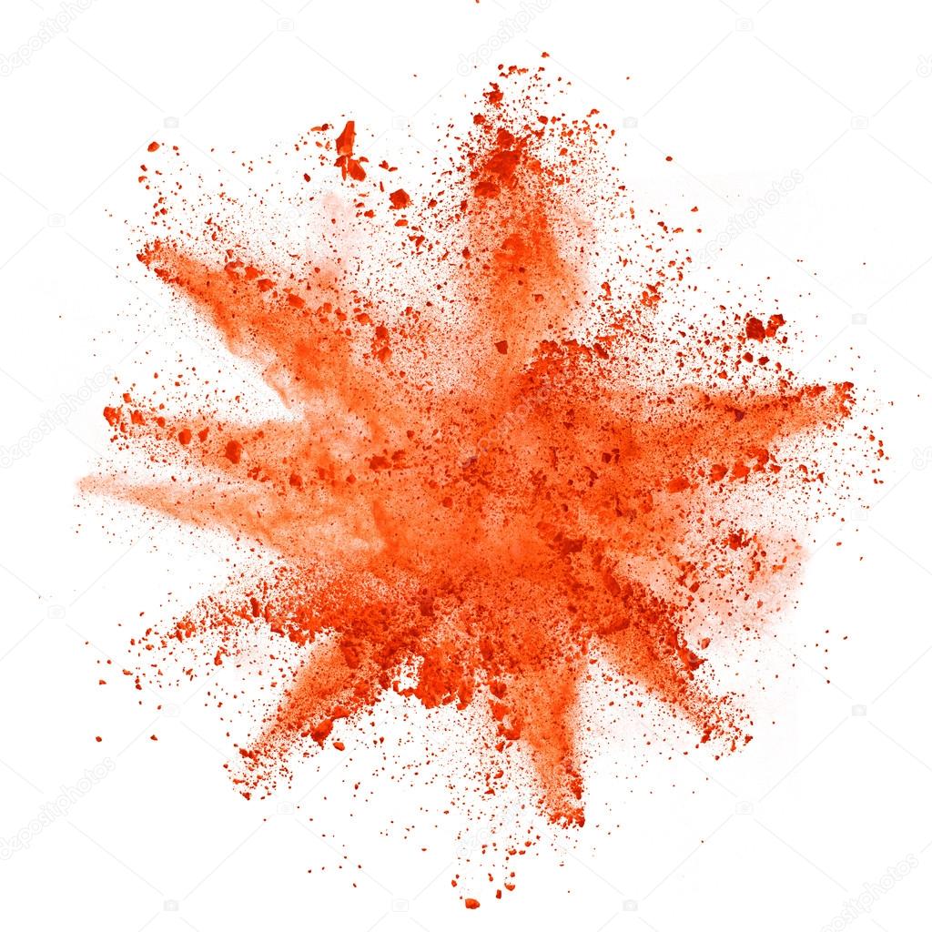 Explosion of orange powder on white background