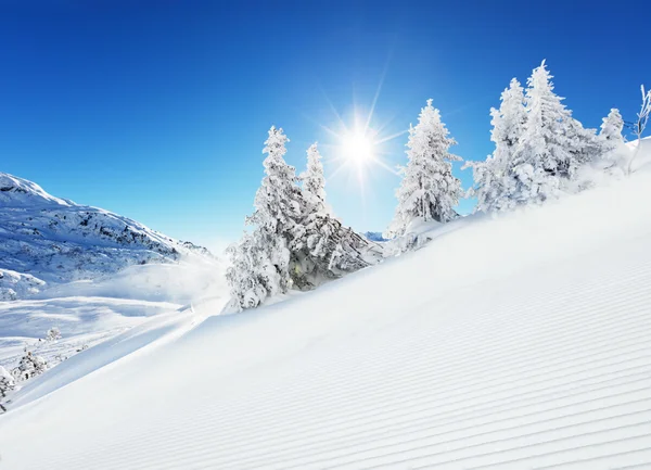 Bela encosta de inverno nas montanhas — Fotografia de Stock