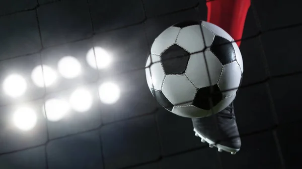 Kicking Soccer Ball Into Net Goal Success Concept Isolated On Black Background Dark Season Stock Photo