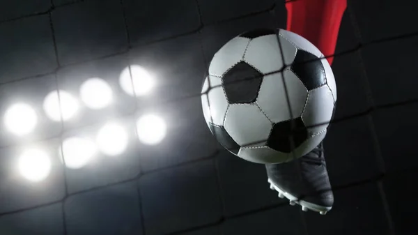 Kicking Soccer Ball Into Net Goal Success Concept Isolated On Black Background Dark Season Stock Photo Kicking Soccer Ball Into Net Goal Success Concept Isolated On Black Background Dark Season Stock Photo