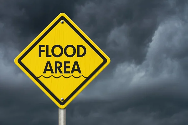 Κίτρινο προειδοποίηση πλημμύρες περιοχή αυτοκινητόδρομο πινακίδα — Φωτογραφία Αρχείου