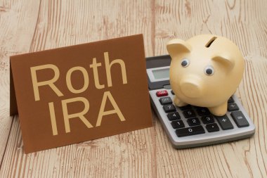 Having a Roth IRA plan, A golden piggy bank, card and calculator clipart