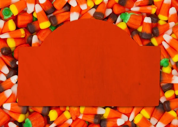 Halloween Blank Wood Sign Mockup Candy Corn Background Copy Space — Stock Photo, Image